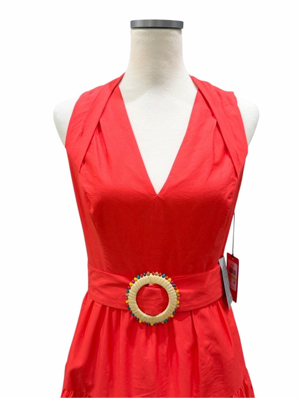 Vince Camuto Pleat Neck Cotton Midi Dress Belted Tiered Poppy Red 4 NWT - Picture 7 of 16